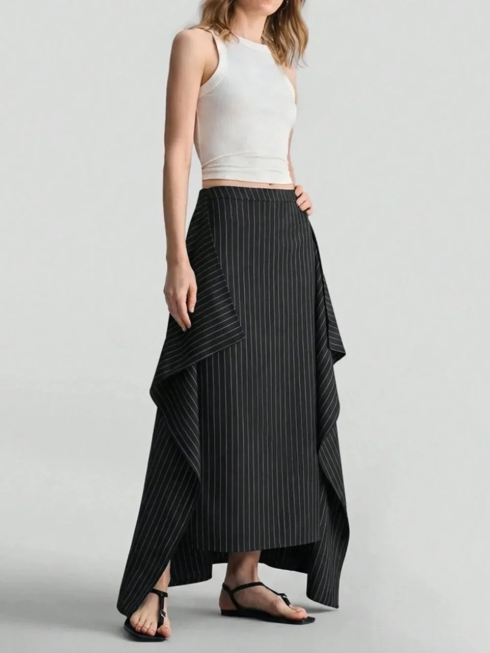 Black Pinstripe Asymmetric High-Slit Maxi Skirt
